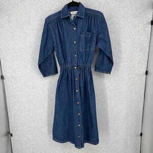 Ransom Vtg 70s Midi Denim Dress Size 6 Dark Blue Wash Snap Front Pockets Modest